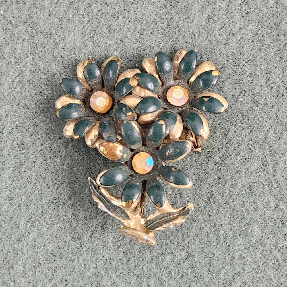 Vintage Green and Gold Enamel Flower Brooch Pin Mid Century Costume Jewelry